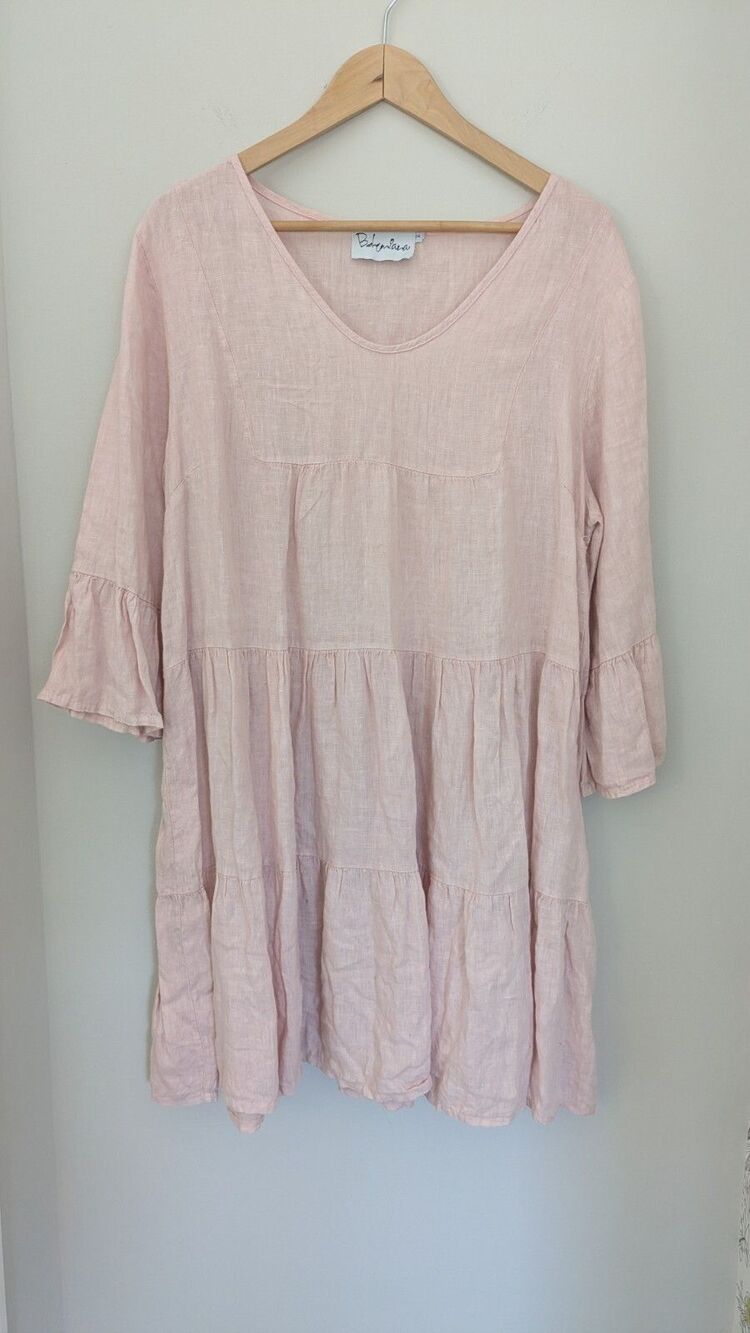 Bohemiana Pink Linen Ruffle Knee Length Dress Whimsy Beachy Boho Country SZ L-XL